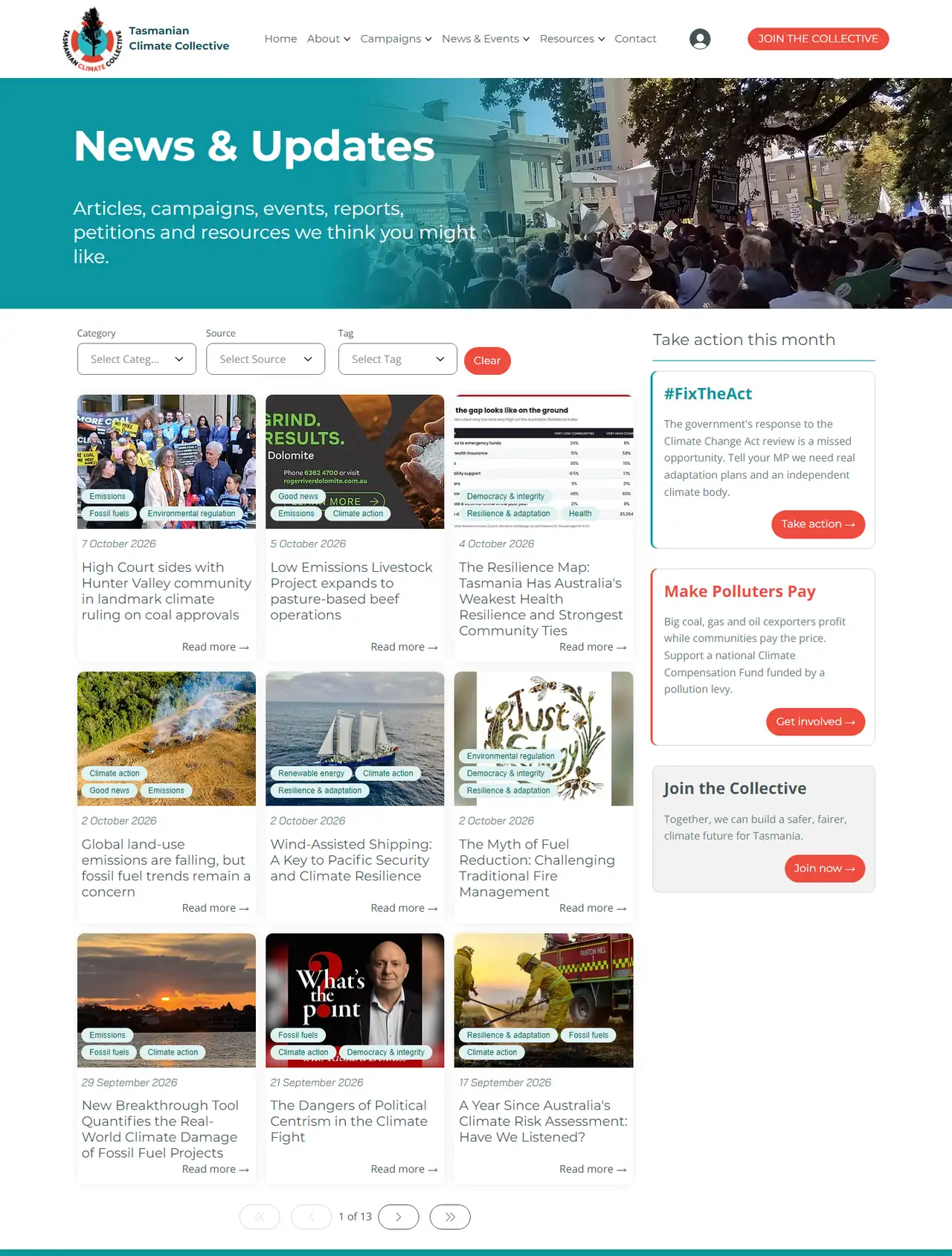 The News and Updates page with category, source and tag filters above a grid of article cards with tag pills