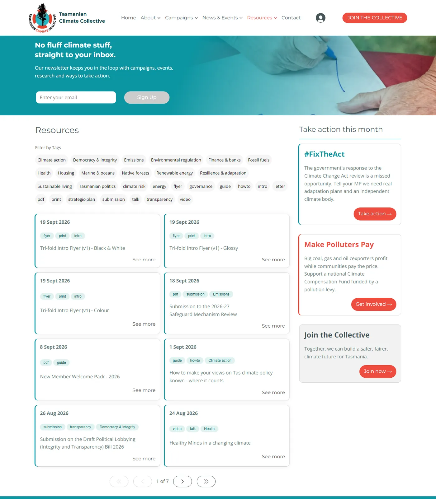 The Resources page with a tag filter and a grid of resource cards for flyers, submissions and guides
